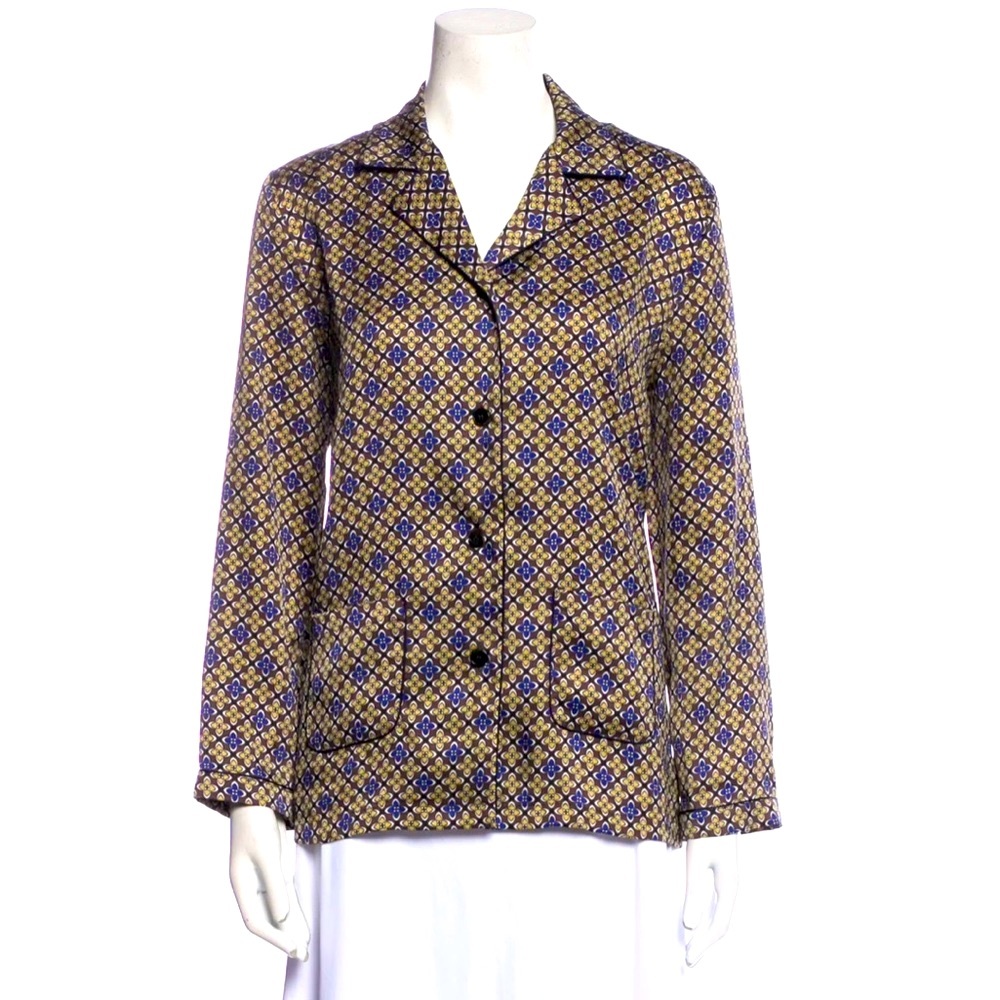 Sandro Paris Blue & Brown Printed Blouse Top | Silk Blend | Women’s M